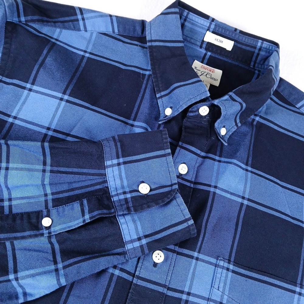 J.Crew Mens Slim Fit All Cotton Oxford Blue Plaid Button Down Shirt Large